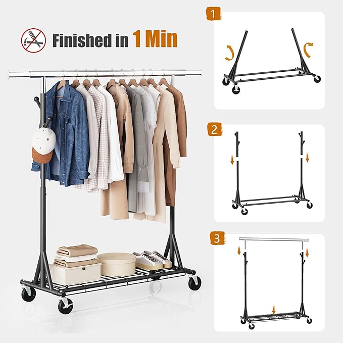 Garment Rack Load 530lbs,Heavy Duty Rolling Clothes Rack With Sturdy Wheel And Shelves, Adjustable Portable Hanging Rack For Clothes, Chrome Stainless Steel, Black