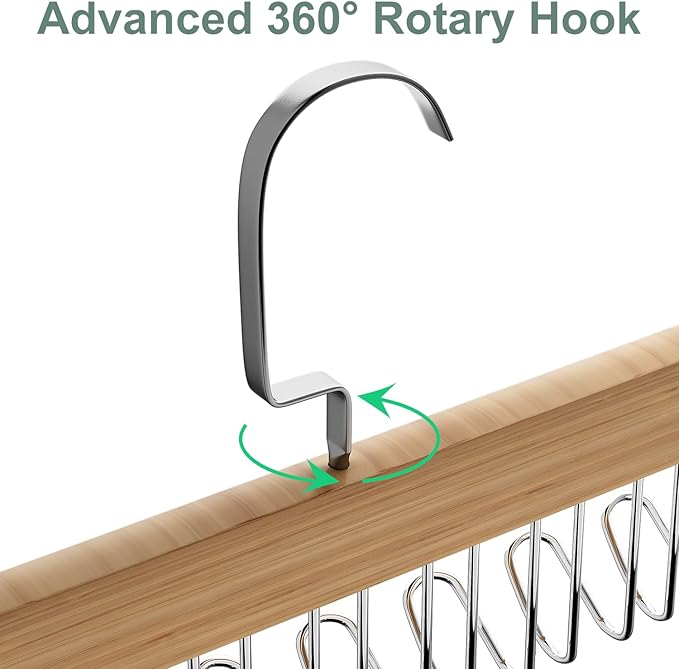 2 Pack Tie Hanger for Closet, Wooden Tie Racks Hanger with Upgraded 360°Rotating, Space-Saving Belt Holders with 8 Hooks, Closet Storage for Tie,Tank Top,Bra, Scarf,Hat