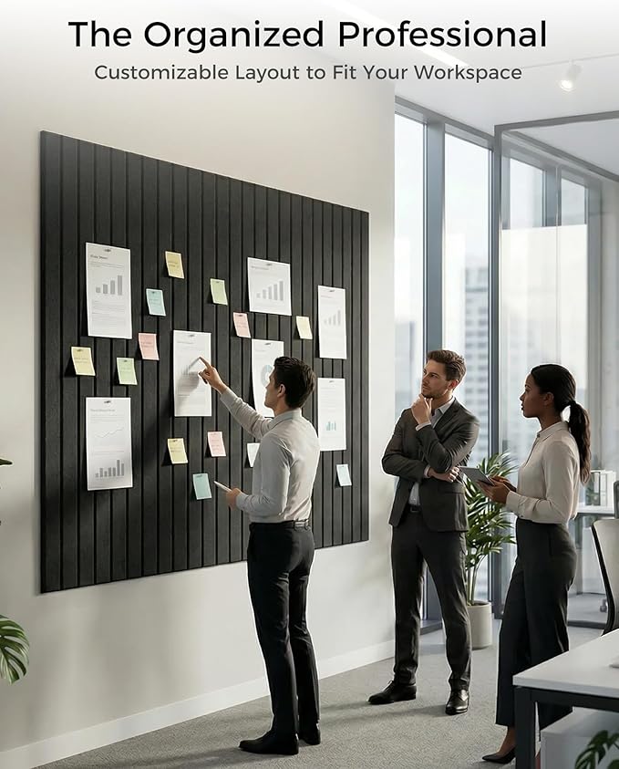 Aothia 12-Pack Felt Bulletin Board Tiles 48"x36", Modular Pin Board for Smooth Walls, Cork Board Alternative for Notes & Photos, 0.35" Thick, 70 Adhesive Tabs & 40 Pins, Black