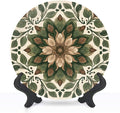 Decorative Plates for Display 10" Earthy Toned Floral Mandala Green Brown Leaves Ceramic Ornament with Display Stand and Hook Up for Wall Decor Hanging Festival Wedding Gift