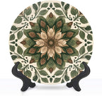 Decorative Plates for Display 10" Earthy Toned Floral Mandala Green Brown Leaves Ceramic Ornament with Display Stand and Hook Up for Wall Decor Hanging Festival Wedding Gift