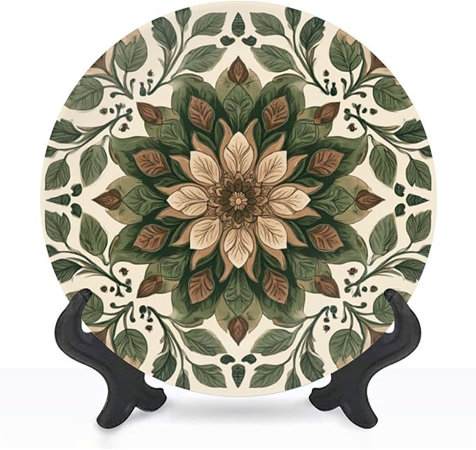 Decorative Plates for Display 10" Earthy Toned Floral Mandala Green Brown Leaves Ceramic Ornament with Display Stand and Hook Up for Wall Decor Hanging Festival Wedding Gift