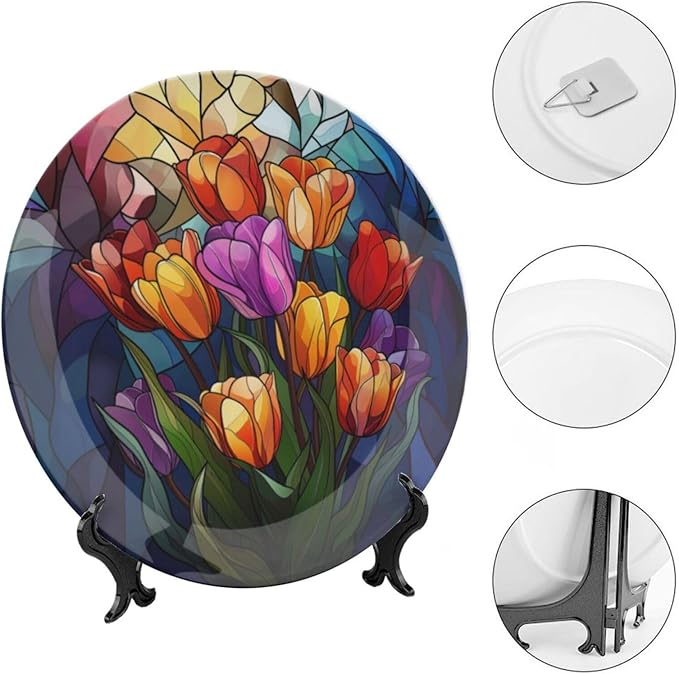 Stained Glass Theme Decorative Ceramic Plate Round Porcelain Plate,8 inch,Tulip Pattern,for Decorative Ornaments Giving Plates, 1 Plate with 1 Display Stand,Multicolor