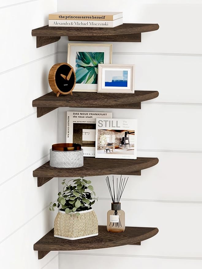 Forbena Floating Corner Shelves for Wall Set of 4, Small Corner Bookshelf for Bedroom Books, Round Wooden Corner Shelf Wall Mount for Bathroom Plants, Kitchen, Living Room Decor (Dark Brown)