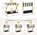 26.77" Full Assembled Luggage Rack for Guest Room, Set of 2 Bamboo Foldable Suitcase Stand, Bedroom & Hotel, Folding Luggage Holder with 5 Nylon Straps, 600D Oxford Fabric Shelf Natural Wood
