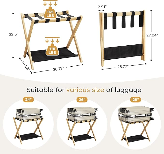 26.77" Full Assembled Luggage Rack for Guest Room, Set of 2 Bamboo Foldable Suitcase Stand, Bedroom & Hotel, Folding Luggage Holder with 5 Nylon Straps, 600D Oxford Fabric Shelf Natural Wood