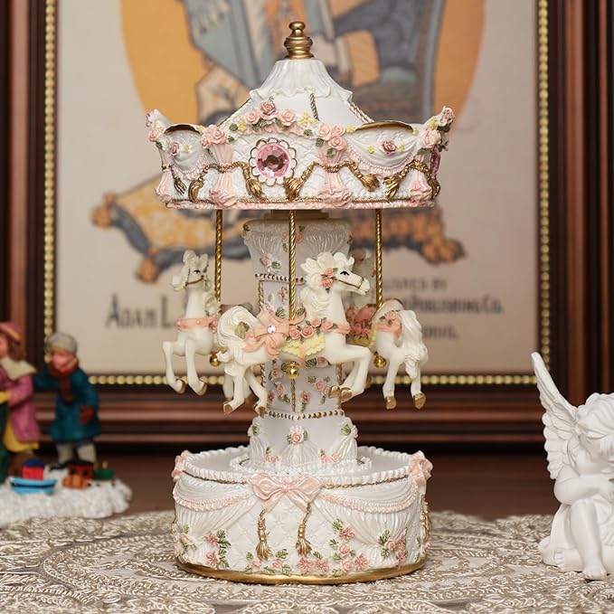 Vintage Carousel Music Box - Rotating Horse Musical Figurine with Rose Floral Design, Ideal Birthday, Christmas, Valentine's Day Gift for Girls, Women, Girlfriend, Mom Home Décor & Gift (Pearl White)