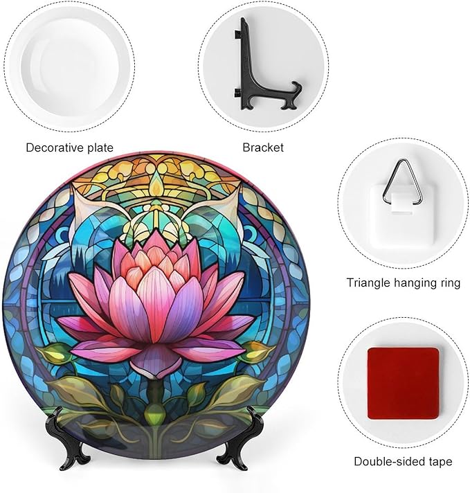 Boho Water Lily Stained Glass Print Decorative Plates Home Decor Ceramic Plates, Dinner Plates Display for Living Room, Kitchen, Hallway Console Side Table, Presents for Lotus Lover, 10 Inch