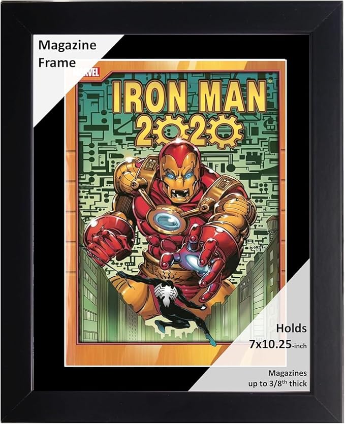 Creative Picture Frames 7 x 10.25 Magazine Comic Book Frame with Full-Strength Glass, Holds Up To A 1/4" Thick Media with Installed Hangers for Easy Mounting, 8x12 Black Frame with Black Mat