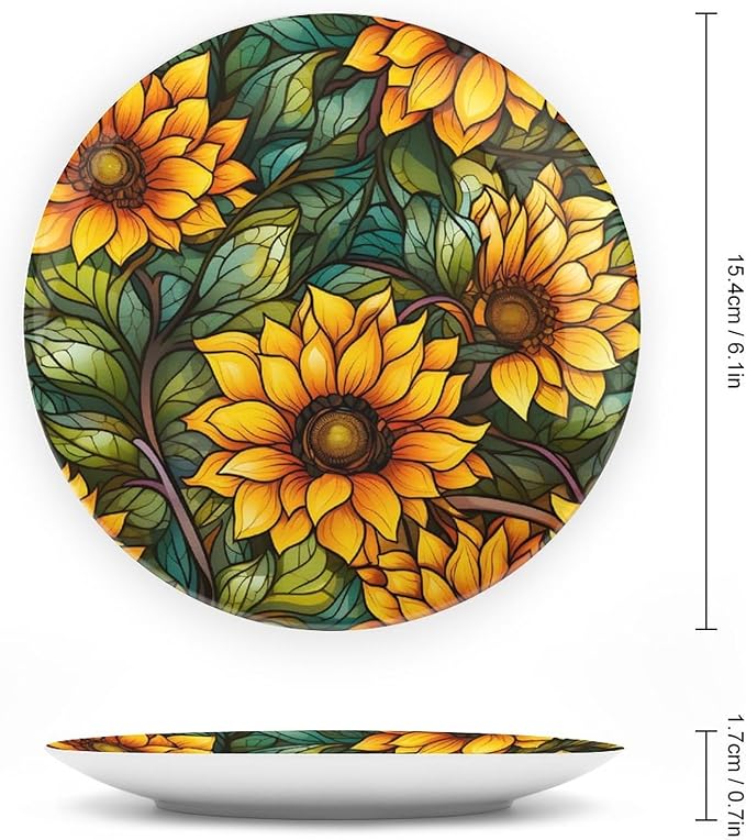 Decorative Plates, Autumn Flowers Stained Glass Design Ceramic Dinner Plate Home Wobble-Plate with Display Stand, Wall Hanging Decor for Kitchen Household 6 Inch, Gifts for Sunflower Lover