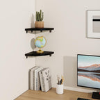 Fun Memories Corner Shelf Wall Mount Set of 2 - Solid Oak Wood Floating Corner Shelf with Cable Hole, 7in Rustic Design for Bedroom, Living Room, Kitchen (Black)