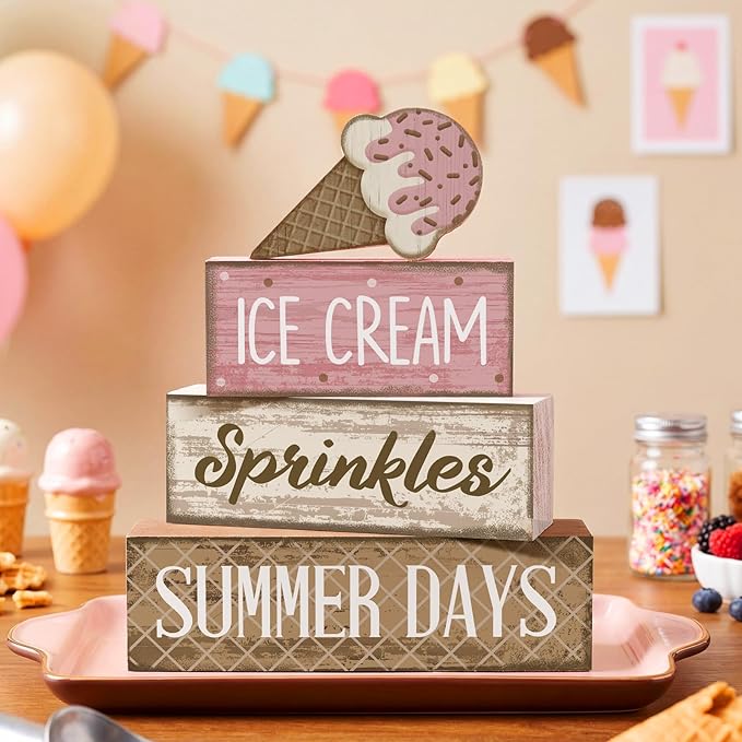 Lineshading 4 Pcs Summer Table Decoration Ice Cream Wooden Sign Pink Brown Rustic Summer Tiered Tray Decor Ice Cream Sprinkles Centerpieces for Home, Dining Room & Coffee Bar Kitchen