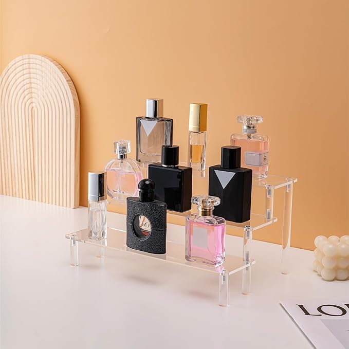 Hoewina 3PCS Acrylic Risers Display Stands, 3 Tier Perfume Organizer Display Shelf & Versatile Cupcake Stand Holder, Display Risers for Figures, Dessert Shelves for Party for Decoration and Organizer
