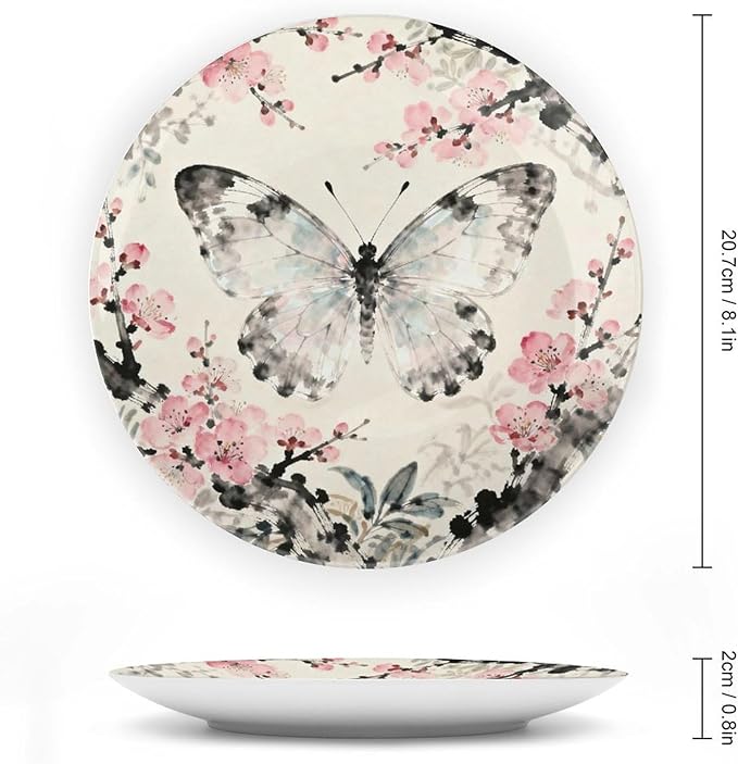 Customize Gifts Plates Ceramic, William Morris Pink Floral And Butterflies Porcelain Dessert Plate Set Household with Display Stand, Rustic Decor for Kitchen Art Decoration Festival, 6", 7", 8", 10"
