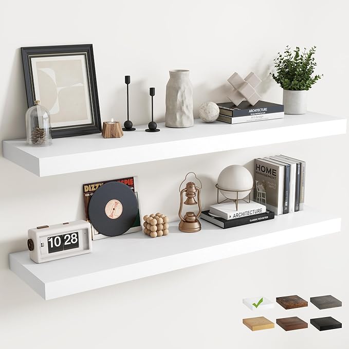 55 Inch Long Floating Shelves for Wall Set of 2, 12"D Wood Grain Bathroom Shelves with Invisible Brackets, Easy Install Engineered Wood Storage Shelves for Kitchen, Living Room, Bedroom, White Finish