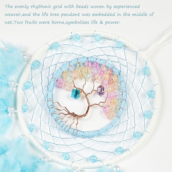 Dreamlike Cyan Blue Tree of Life Dream Catcher Wall Decor with Healing Crystal Stone Handmade Feather Dream Catchers Decoration Wall Hanging for Girls Bedroom Living Room Wedding Party Home Décor