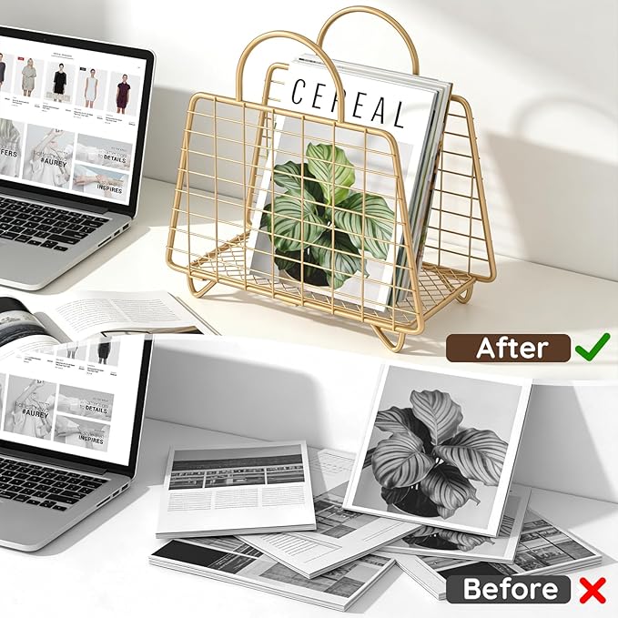 Gold Magazine Holder,Modern Magazine Rack Floor,Metal Wire Magazine Basket,Handbag Design Magazine Storage Organizer for Magazines File Book Newspaper Vinyl Record Albums