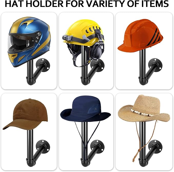 2PCS Metal Pipe Cowboy Hat Rack Wall Mount, Wooden Western Rustic Metal Hanger, Wall Mounted Helmet Holder for Multifunctional Display Hanger Stand for Cap Wig Hats, Fedora, Sun Hats