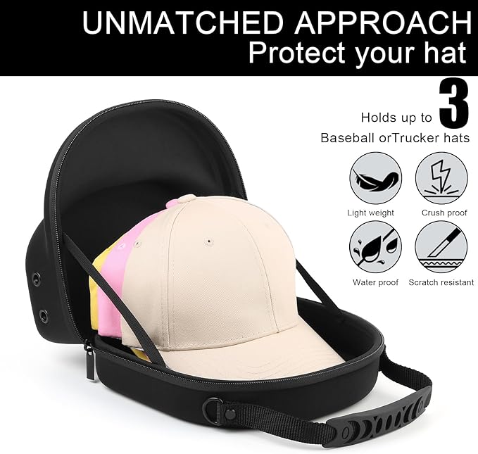 Hard baseball hat case, Hat Carrier Travel Case with Adjustable Shoulder Strap, Hat cap case for 3 Baseball Caps - Perfect for Traveling & At-Home Storage (Black)