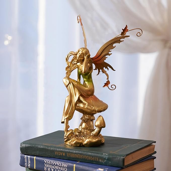 Resin Fairy Statue Elegant Fantasy Decor, Hand-Painted Angel Figurine Graceful Fairy Sculpture for Bookshelf, Mantel, Indoor Outdoor Decor, Thoughtful Gift for Women, Girls (Thinking)
