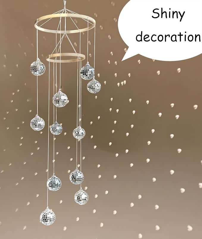 Disco Ball Mobile Spiral Spinner Ball 32 Inch Height with Bamboo Circle for Indoor Outdoor Yard Garden Patio Home Decoration and Party Weding Festival Birthday