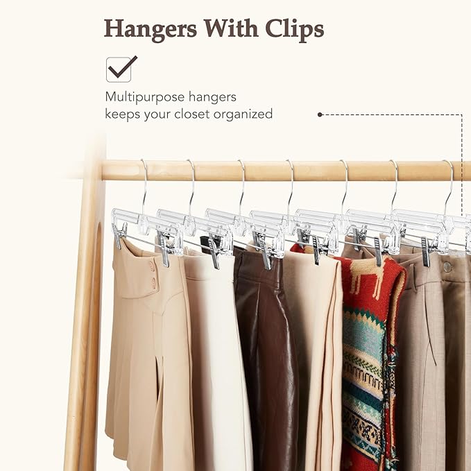 HOUSE DAY Clear Skirt Hangers with Clips, Non-Slip Plastic Pant Hanger with 2 Adjustable Clips, Upgraded Clip Hanger for Pants, Skirts, Shorts, 14" Clear Hangers 10 Pack, 360-Rotating Swivel Hook