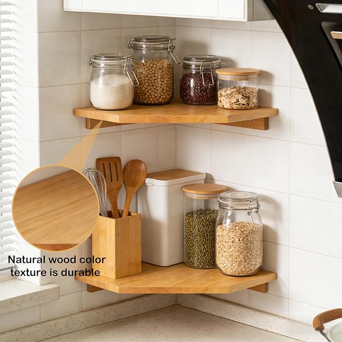 JiudunsKylight Corner Floating Shelves for Wall with Wire Hole, 8.5 Inch Small Oak Shelf Set of 2, Natural Finish Display Shelf for Living Room, Plant, Decor