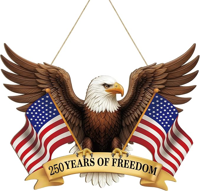 250 Anniversary 4th of July Decoration Door Wreath for Front Door Sign Patriotic Eagle Wall Signs 250 Years of Freedom 1776-2026,Independence Day Patriotic Day Wreath Memorial Day Hanging for Home