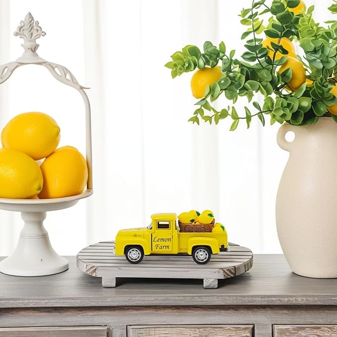 Lemon Decor - 4.9″Farmhouse Vintage Metal Truck with Mini Fake Lemons for Home Kitchen Table, Shelf, Party Decorations and Lemonade Stand Decor Summer Tiered Tray Decoration