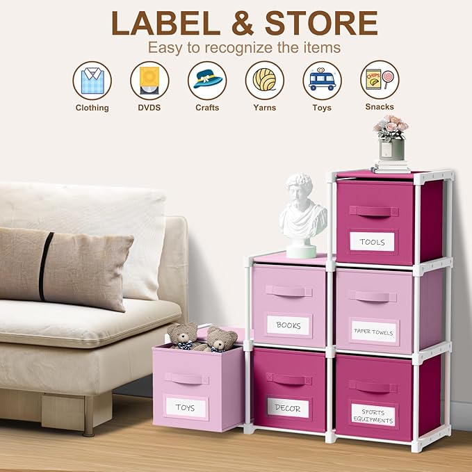 Geelin 6 Pink Cube Storage Organizer with Fabric Bins and Labels, 11 Inch Collapsible Toy Organizer Shelf Storage Bins Dresser Drawer for Girls Bedroom Nursery Playroom Room Decor