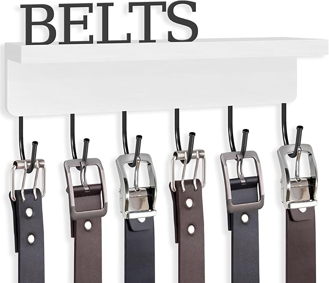Belt Hanger Organizer for Closet, Wall Mount Belt Rack, Wooden Belt and Tie Organizer for Stores and Displays Mens Accessories (Length 9.8”) White