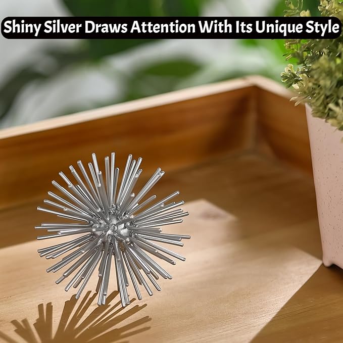 Silver Sphere Decor, Metal Starburst Tabletop Sculpture Decor, Mid-Century Modern Metal Starburst Centerpiece, Spike Ball Decoration for Home, Coffee Table Decor