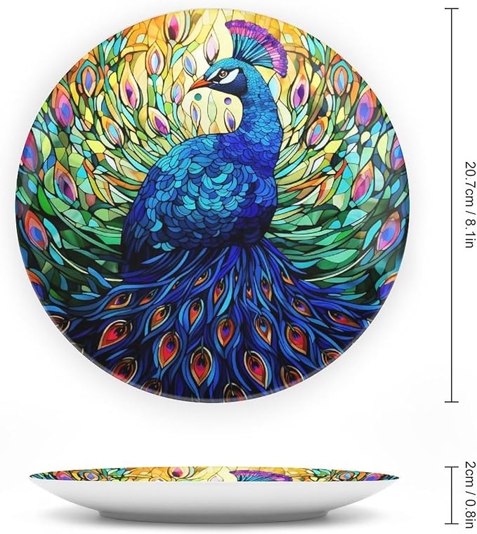 Decorative Plates, Colorful Peacock Stained Glass Design Ceramic Dinner Plate Home Wobble-Plate with Display Stand, Wall Hanging Decor for Kitchen Household 8 Inch, Gifts for Peacocks Lover