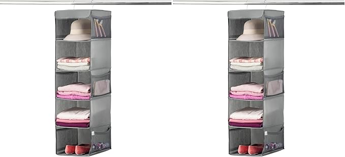 ZOBER Hanging Closet Organizer, 5-Shelf - Hanging Storage Organizer Shelves for Clothes, Towels, Toys - College Dorm Room, Nursery, & Home Closet (Pack of 2)