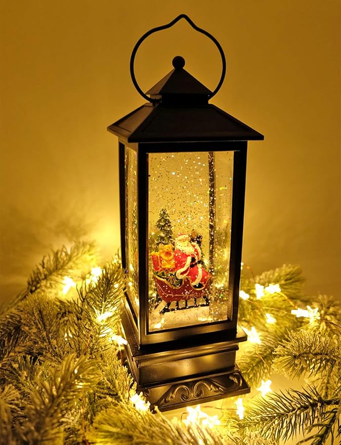 Wondise Lighted Musical Snow Globe Lantern with 6 Hour Timer, 12 Inches USB Powered & Battery Operated Spinning Water and Swirling Glitter Christmas Snow Globe Lantern Gifts(Santa Claus and Sleigh)