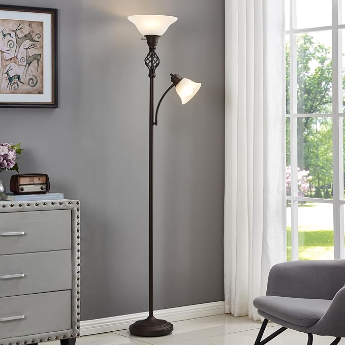 GyroVu Torchiere Floor Lamp for Living Room, LED Standing Reading Light for Bedroom with Glass Shade for Living Room Corner Bedroom Home Office,Bulbs Included (Red Brown,Glass 2 Head)