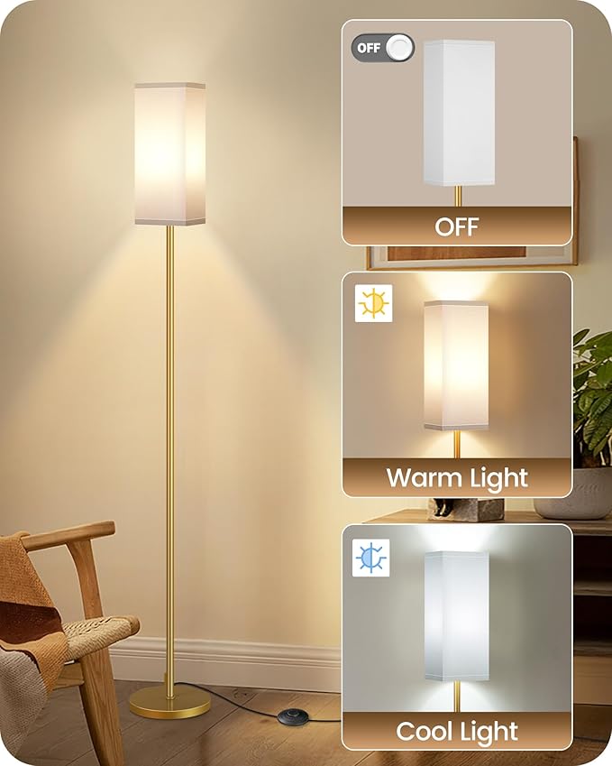 2Pack Floor Lamp, Pole Lamp with Foot Switch, Modern Standing Lampshade, Minimalist Freestanding Lamp (Bulb Not Included)for Living Room, Bedroom,Study, ETL Listed,Gold and White DCW07LDP205