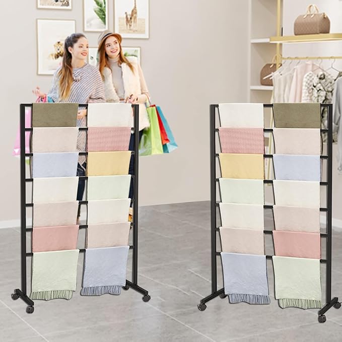 Metal Scarf Display Stand with 360 Swivel Caster Wheels, Movable Freestanding Scarf Floor Standing Display Rack, Belt Shawl Hijab Organizer for Boutique Display, Commercial Home
