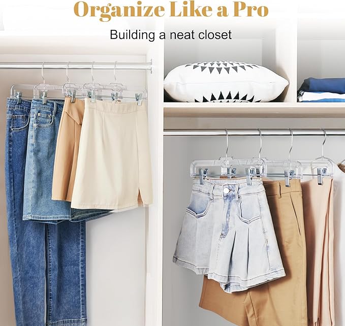 HOUSE DAY 12 Pack 14 inch Clear Plastic Skirt Hangers with Adjustable Clips, Pants Hangers 360-Rotating Swivel Hook, Clip Hangers for Pants, Trousers, Skirts, Jeans, Bulk Plastic Hangers