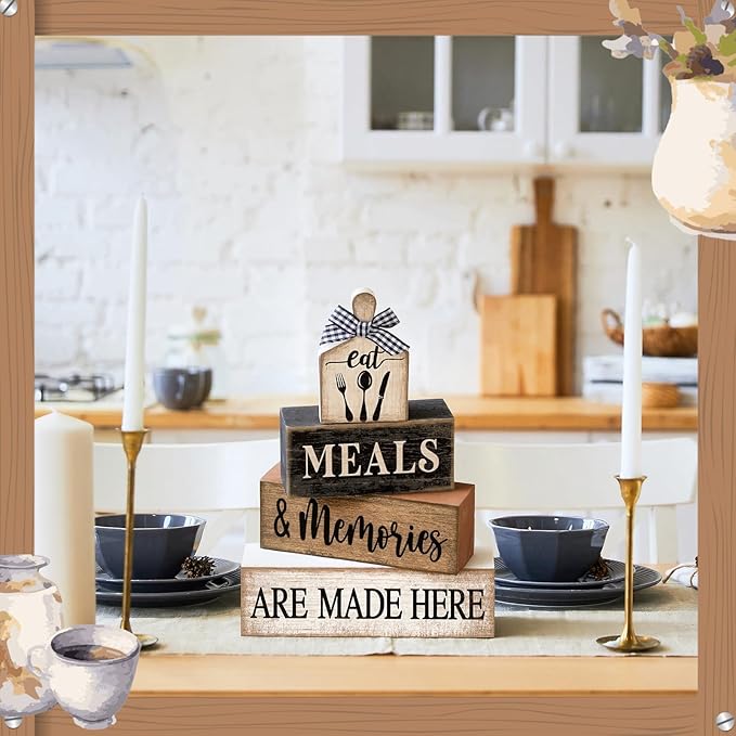 Moucuny 4 Pcs Farmhouse Kitchen Decor Wooden Plate Farmhouse Table Decor Black Brown and White Tableware Centerpiece Rustic Decorative Plates Stacked Block Sign for Display Cabinet Kitchen Decoration