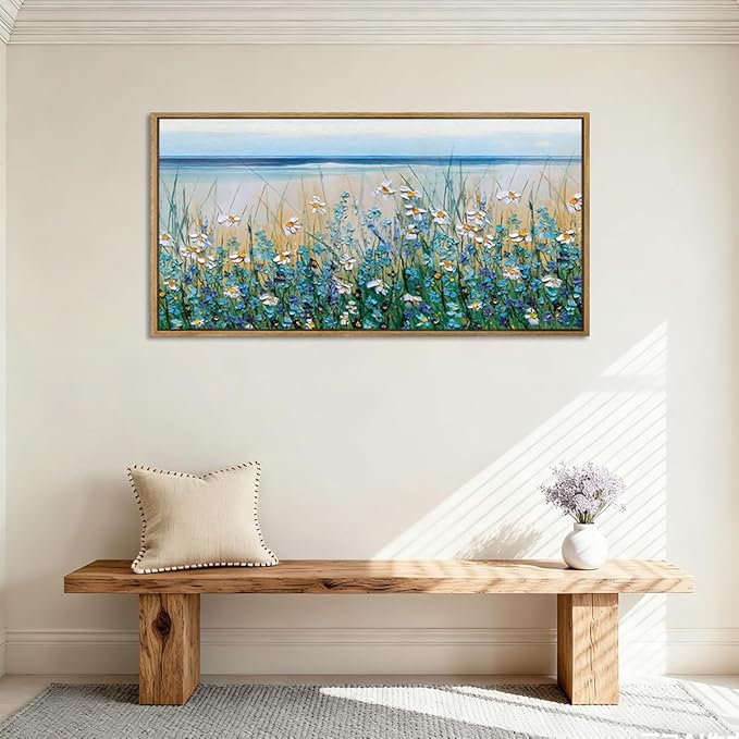 Large Blue Seaside Cyan Floral Wall Paintings Wildflowers Blossom Art Prints Framed Blue Flowers Artwork Floral Wall Art Wildflower Wall Pictures for Living Room Bedroom 20x40 Inch