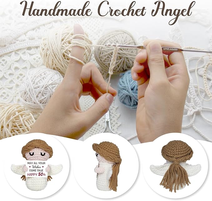 50th Birthday Gifts for Women Men, 1976 50th Birthday Decorations, Funny 50 Years Old Gifts for Family Friends Colleagues - Handmade Positive Angel Crochet Doll