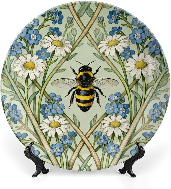 Home Decorations Plates Ceramic, William Morris Flowers And Bees Customize Christmas Gifts Ceramic Dinner Plates for Art Decoration Table Festival Decor, with 1 Display Stand