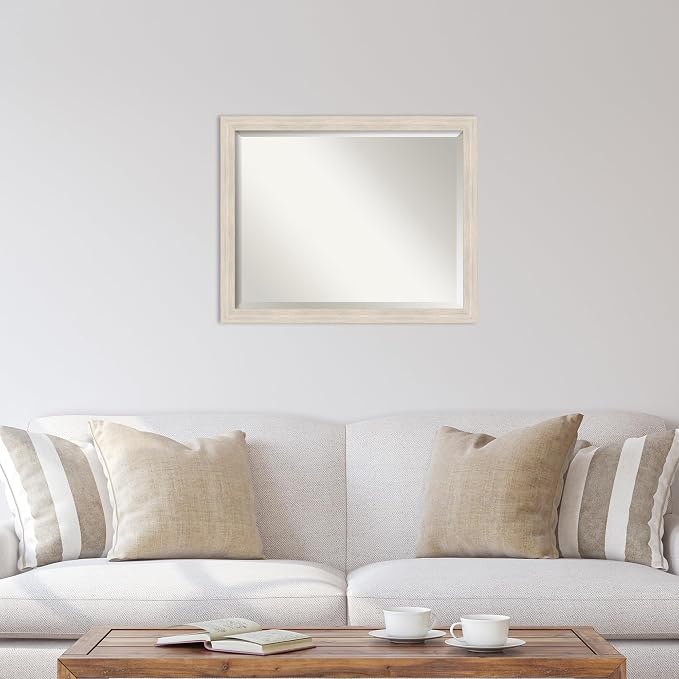 Amanti Art White Wall Mirror 25x31 Hardwood White Wash Narrow Rectangle Bathroom Mirror for Wall Decor Living Room, Large Country Rustic Wood Frame, Hangs Horizonally and Vertically, Bathroom Decor,