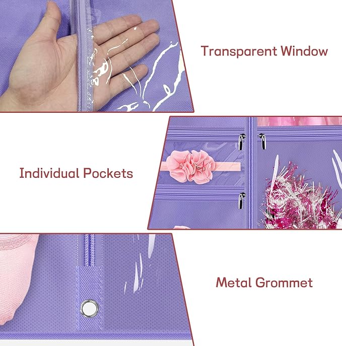 KIMBORA Costume Dance Garment Bag with 3 Clear Zipper Pockets for Suits Dress Cover, Travel Storage & Competitions, Set of 2 (Purple)