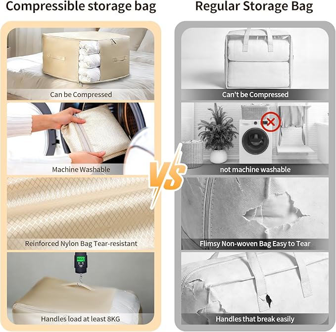 2 Pack Space Saving Comforter Storage Bag with Handle, 3-Layer Compression Blanket Storage Bags Adjustable In 3 Sizes (142L, 107L, 71L), Washable Bedding Organizer For Pillow Duvet Clothing Plush Toy