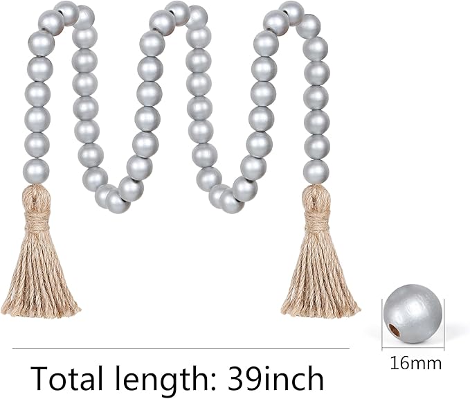 Meplait 39in Wood Bead Garland Farmhouse with Tassels,Versatile Prayer Beads Boho Chic Wall Hanging Home Decor(Silver)