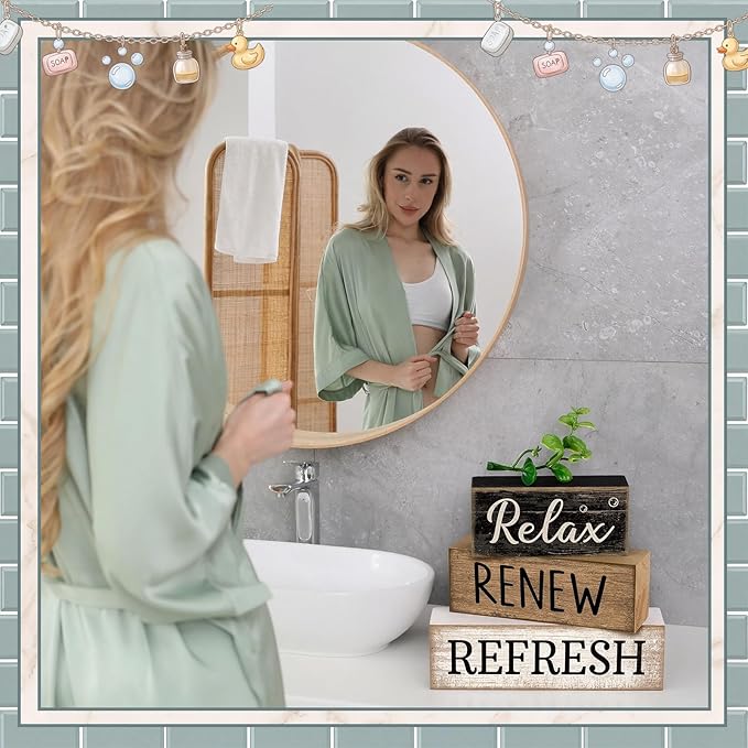 Moucuny 4 Pcs Bathroom Shelf Decor Sign Farmhouse Bathroom Decor and Accessories Rustic Eucalyptus Leaves Block Sign Gift Relax Renew Refresh Farmhouse Table Centerpiece for Home Office Toilet