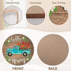 Harooni Hello Spring Blue Truck Welcome Sign for Front Door Spring Summer Wreaths for Front Door Tulip Flowers Pickup Wood Wreath Rustic Farmhouse Door Hanging Sign for Indoor Outdoor Decor 12 Inch