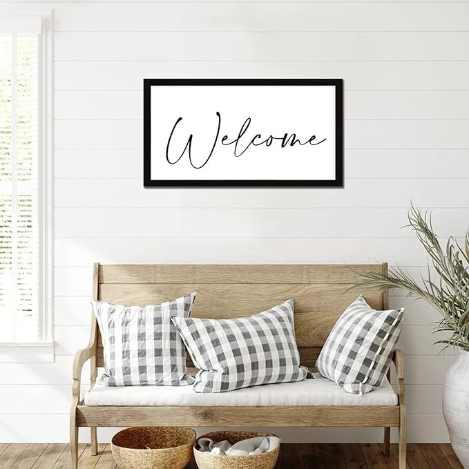 Rustic Chic Style 12x22in Farmhouse Wood Sign with Encouragement Quote Welcome Family Lettering Black Frame Wooden Plaque for Washroom Farmhouse Porch Cottage Wall Decor Birthday Housewarming Gift